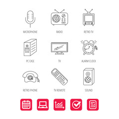 TV remote, retro phone and radio icons. PC case, microphone and alarm clock linear signs. Report document, Graph chart and Calendar signs. Laptop and Check web icons. Vector