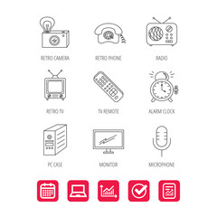 Retro camera, radio and phone call icons. Monitor, PC case and microphone linear signs. TV remote, alarm clock icons. Report document, Graph chart and Calendar signs. Laptop and Check web icons