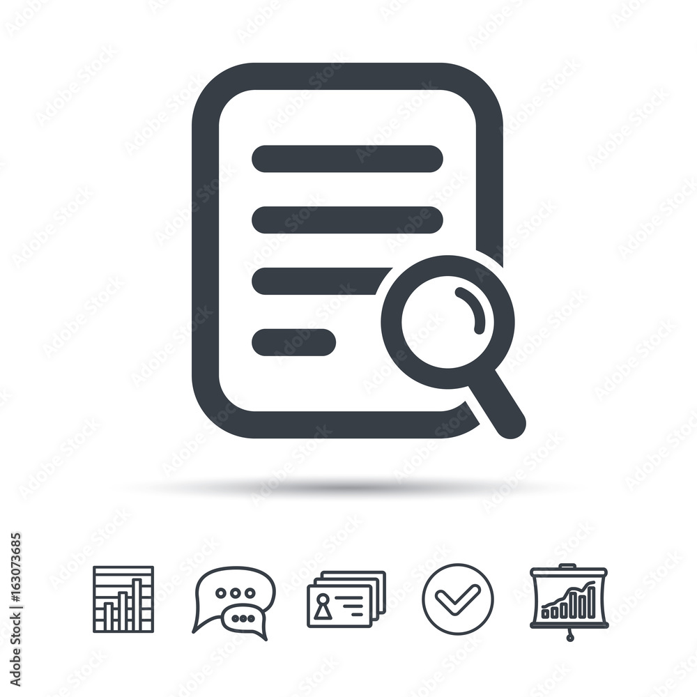 Poster file search icon. document page with magnifier tool symbol. chat speech bubble, chart and presentati
