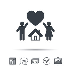 Family icon. Father, mother and child symbol. Chat speech bubble, chart and presentation signs. Contacts and tick web icons. Vector