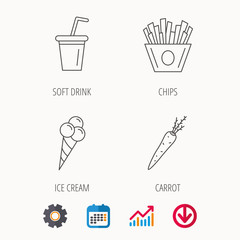 Chips fries, ice cream and soft drink icons. Carrot linear sign. Calendar, Graph chart and Cogwheel signs. Download colored web icon. Vector