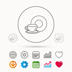Coffee cup icon. Food and drink sign. Calendar, Graph chart and Cogwheel signs. Download and Heart love linear web icons. Vector