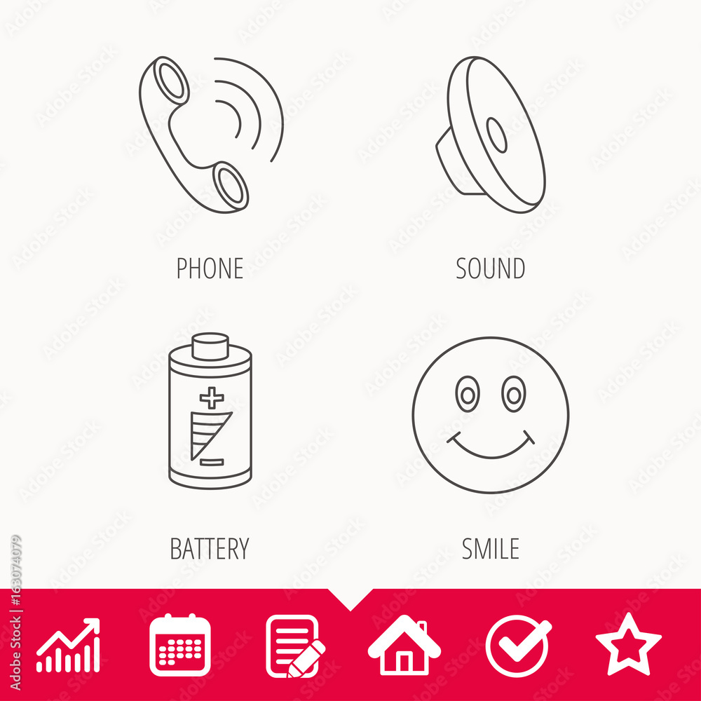 Poster phone call, battery and sound icons. smiling face linear sign. edit document, calendar and graph cha