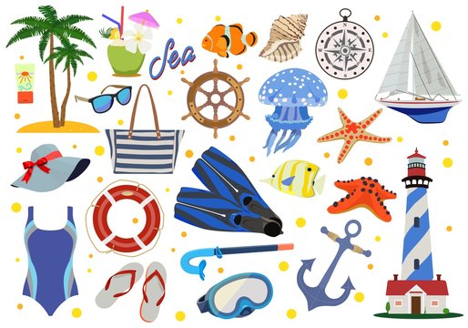 Set of paraphernalia for beach holiday and sea. Vector illustration.