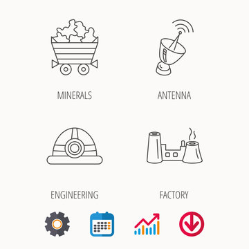 Antenna, minerals and engineering helm icons. Factory linear sign. Calendar, Graph chart and Cogwheel signs. Download colored web icon. Vector