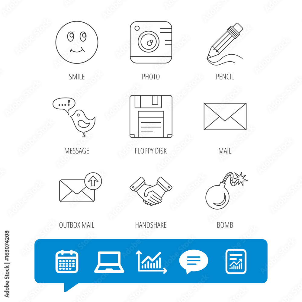 Poster photo camera, pencil and handshake icons. inbox e-mail, message speech bubble and smile linear signs