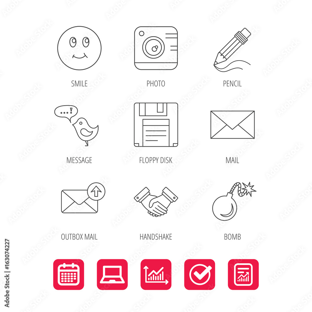 Poster photo camera, pencil and handshake icons. inbox e-mail, message speech bubble and smile linear signs