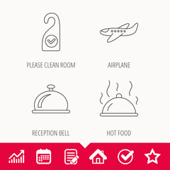 Hot food, reception bell and clean room icons. Airplane linear sign. Edit document, Calendar and Graph chart signs. Star, Check and House web icons. Vector