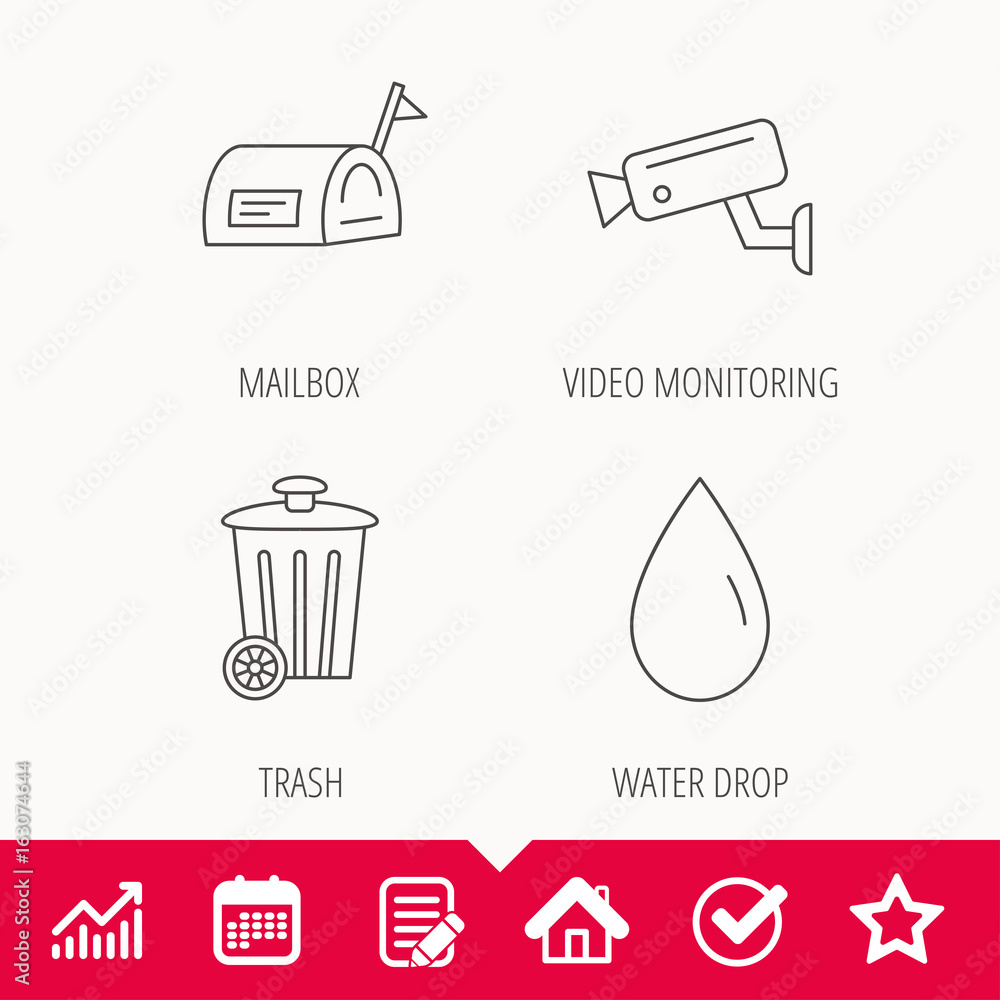 Poster mailbox, video monitoring and water drop icons. trash bin linear sign. edit document, calendar and g