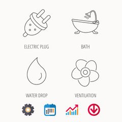 Ventilation, water drop and electric plug icons. Bath linear sign. Calendar, Graph chart and Cogwheel signs. Download colored web icon. Vector