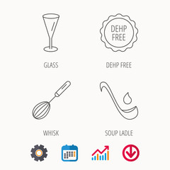 Soup ladle, glass and whisk icons. DEHP free linear sign. Calendar, Graph chart and Cogwheel signs. Download colored web icon. Vector