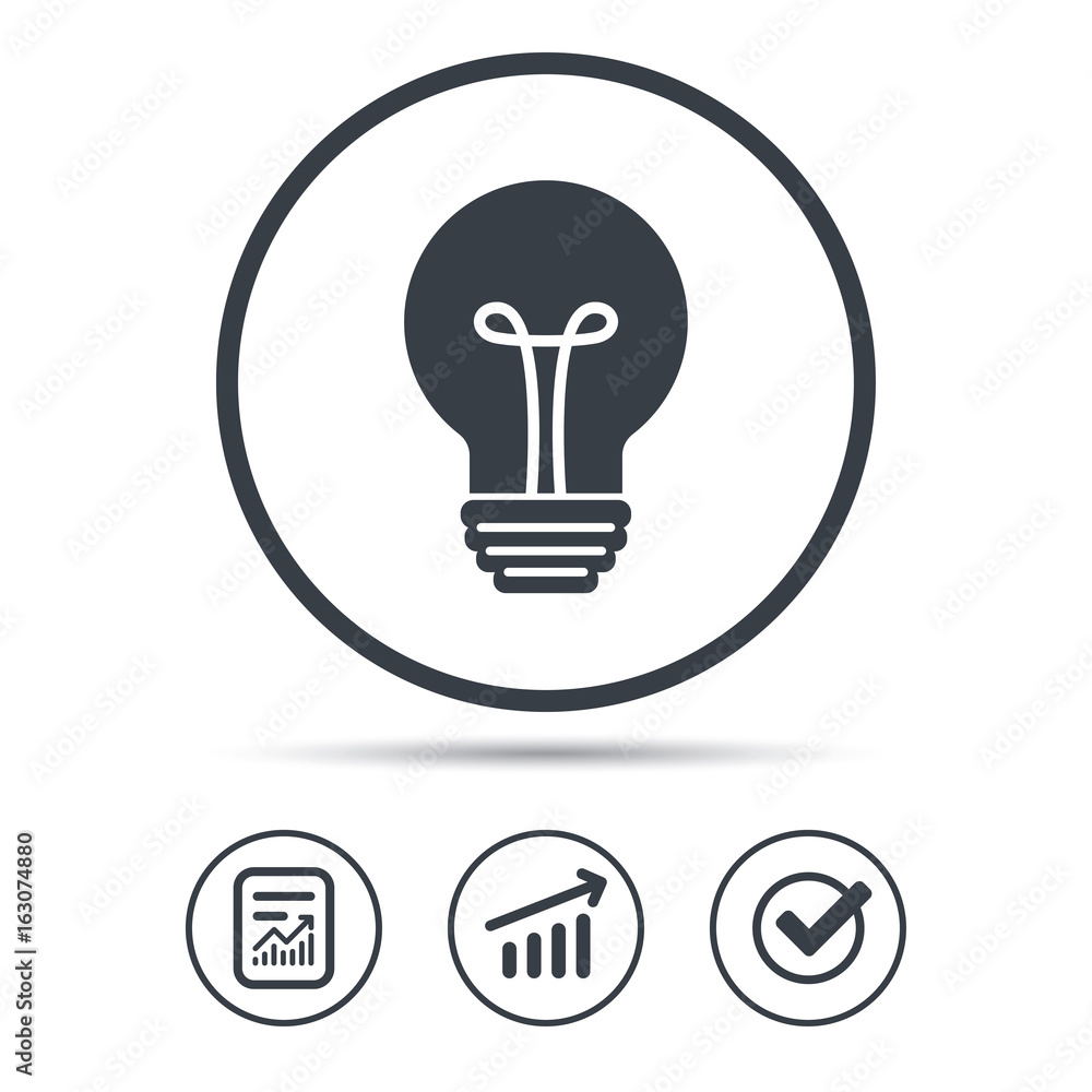 Poster light bulb icon. lamp sign. illumination technology symbol. report document, graph chart and check s