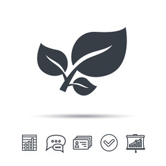 Leaf icon. Fresh organic product symbol. Chat speech bubble, chart and presentation signs. Contacts and tick web icons. Vector