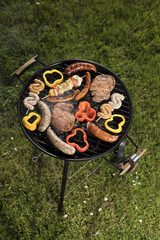 Fototapeta na wymiar Grill with smoke over summer outdoor nature in garden
