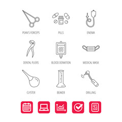 Medical mask, blood and dental pliers icons. Pills, drilling tool and clyster linear signs. Enema, lab beaker and forceps flat line icons. Report document, Graph chart and Calendar signs. Vector