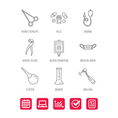 Medical mask, blood and dental pliers icons. Pills, drilling tool and clyster linear signs. Enema, lab beaker and forceps flat line icons. Report document, Graph chart and Calendar signs. Vector