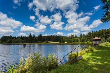 hut and ladders at blue lake Rosenhofteich