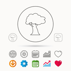 Oak tree icon. Forest wood sign. Nature environment symbol. Calendar, Graph chart and Cogwheel signs. Download and Heart love linear web icons. Vector