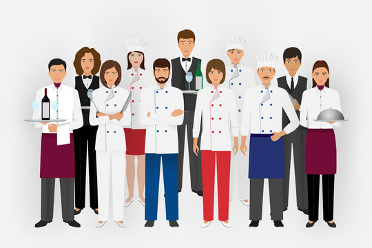 Hotel restaurant team concept in uniform. Group of catering characters standing together chef, cook, waiters and barman.