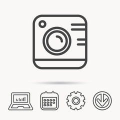 Vintage photo camera icon. Photography sign. Professional equipment symbol. Notebook, Calendar and Cogwheel signs. Download arrow web icon. Vector