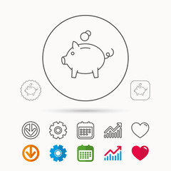 Piggy bank icon. Money economy sign. Financial investment symbol. Calendar, Graph chart and Cogwheel signs. Download and Heart love linear web icons. Vector