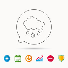 Rain icon. Water drops and cloud sign. Rainy overcast day symbol. Calendar, Graph chart and Cogwheel signs. Download and Shield web icons. Vector