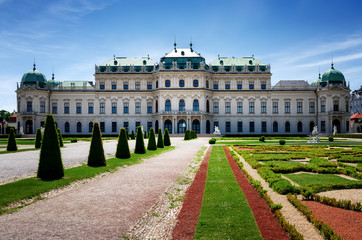Upper Belvedere Castle (Schloos Belvedere) in Vienna, Austria. Detail of the formal gardens in the public park outside the palace