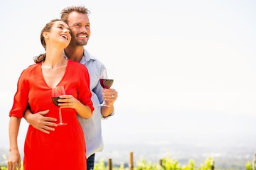 Smiling couple with red wine looking away