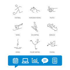 Pilates, football and skiing icons. Fishing, diving and figure skating linear signs. Ski jumping, horseback riding and bobsled icons. Report file, Graph chart and Chat speech bubble signs. Vector