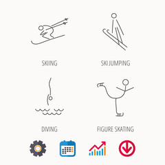 Diving, figure skating and skiing icons. Ski jumping linear sign. Calendar, Graph chart and Cogwheel signs. Download colored web icon. Vector
