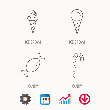 Ice cream, candy icons. Sweets linear sign. Calendar, Graph chart and Cogwheel signs. Download colored web icon. Vector