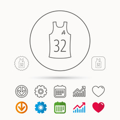 Team assistant icon. Basketball shirt sign. Sport clothing symbol. Calendar, Graph chart and Cogwheel signs. Download and Heart love linear web icons. Vector