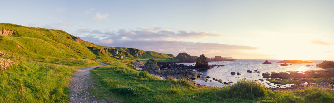 panarama view of North coastline sunset,Northern Ireland