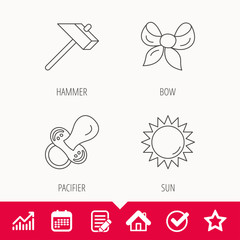 Hammer, pacifier and sun icons. Bow-knot linear sign. Edit document, Calendar and Graph chart signs. Star, Check and House web icons. Vector
