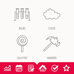 Hammer, lab bulbs and weather cloud icons. Lolly pop linear sign. Edit document, Calendar and Graph chart signs. Star, Check and House web icons. Vector