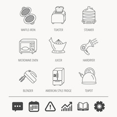 Microwave oven, teapot and blender icons. Refrigerator fridge, juicer and toaster linear signs. Hair dryer, steamer and waffle-iron icons. Education book, Graph chart and Chat signs. Vector