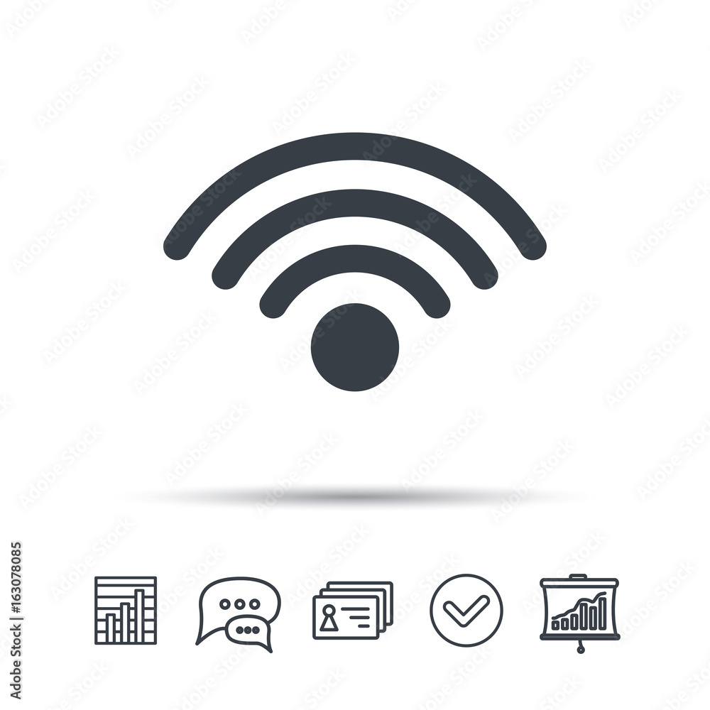 Poster wifi icon. wireless internet sign. communication technology symbol. chat speech bubble, chart and pr