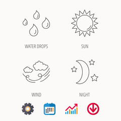 Weather, sun and wind icons. Moon night linear sign. Calendar, Graph chart and Cogwheel signs. Download colored web icon. Vector