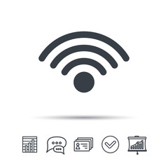 Wifi icon. Wireless internet sign. Communication technology symbol. Chat speech bubble, chart and presentation signs. Contacts and tick web icons. Vector