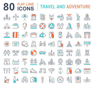 Set Vector Flat Line Icons Travel and Adventure