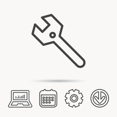 Wrench key icon. Repair fix tool sign. Notebook, Calendar and Cogwheel signs. Download arrow web icon. Vector