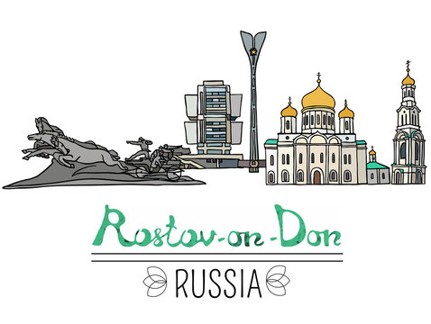 Set of the landmarks of Rostov-on-Don city, Russia. Colorillustrations of famous buildings located in Rostov-on-Don. Vector illustration on white background.