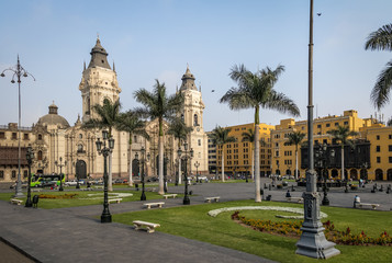 Fototapeta na wymiar The Basilica Cathedral of Lima at Plaza Mayor - Lima, Peru