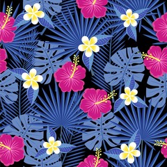 seamless tropical leaves and flowers - palm, monstera, hibiscus and plumeria