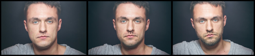 Obraz premium Three different facial hair length one man in studio isolated on black.
