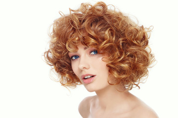 Young beautiful happy healthy woman with curly hair over white background