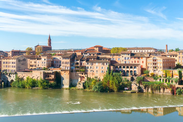 Fototapeta na wymiar Albi in Southwestern France. Albi is a world heritage UNESCO site. View of the Tarn River and the Cathedral Saint Cecile.