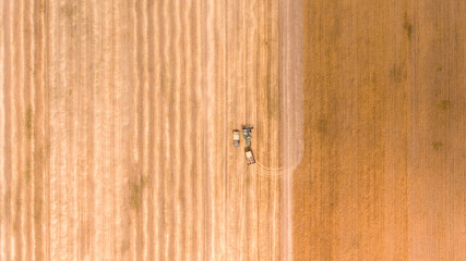Aerial shot of an agricultural wheat field, a combine harvester  and a truck in Europe