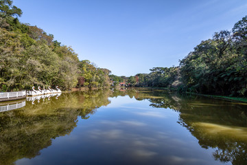 Fototapeta na wymiar Lake with Swan Pedal Boats at Immigrant Village Park (Parque Aldeia do Imigrante) - Nova Petropolis, Rio Grande do Sul, Brazil