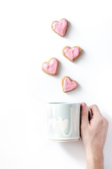 cookies for Valentine Day heartshaped white background top view 